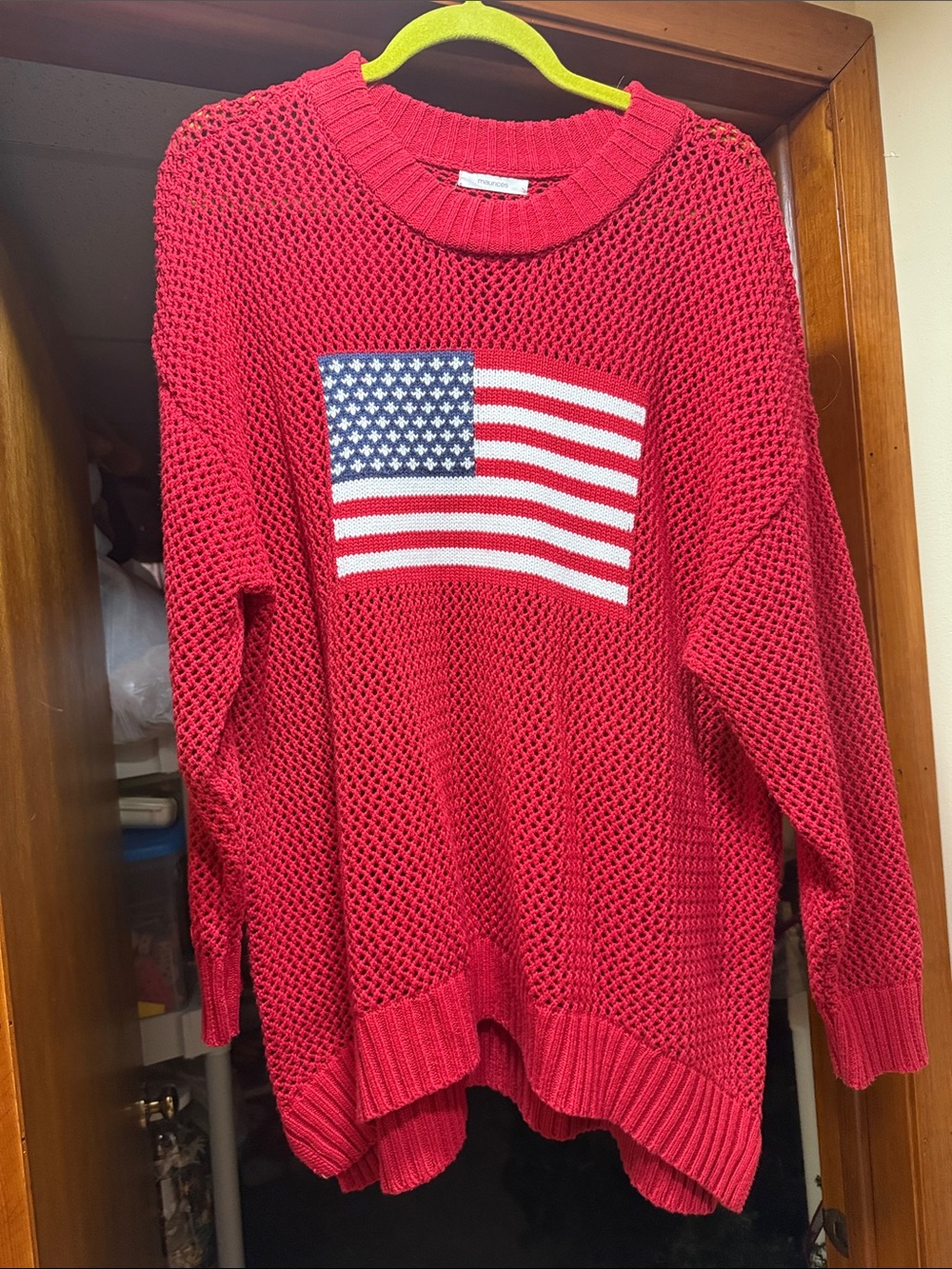 Maurices Red Open-Knit Sweater with Flag Motif
